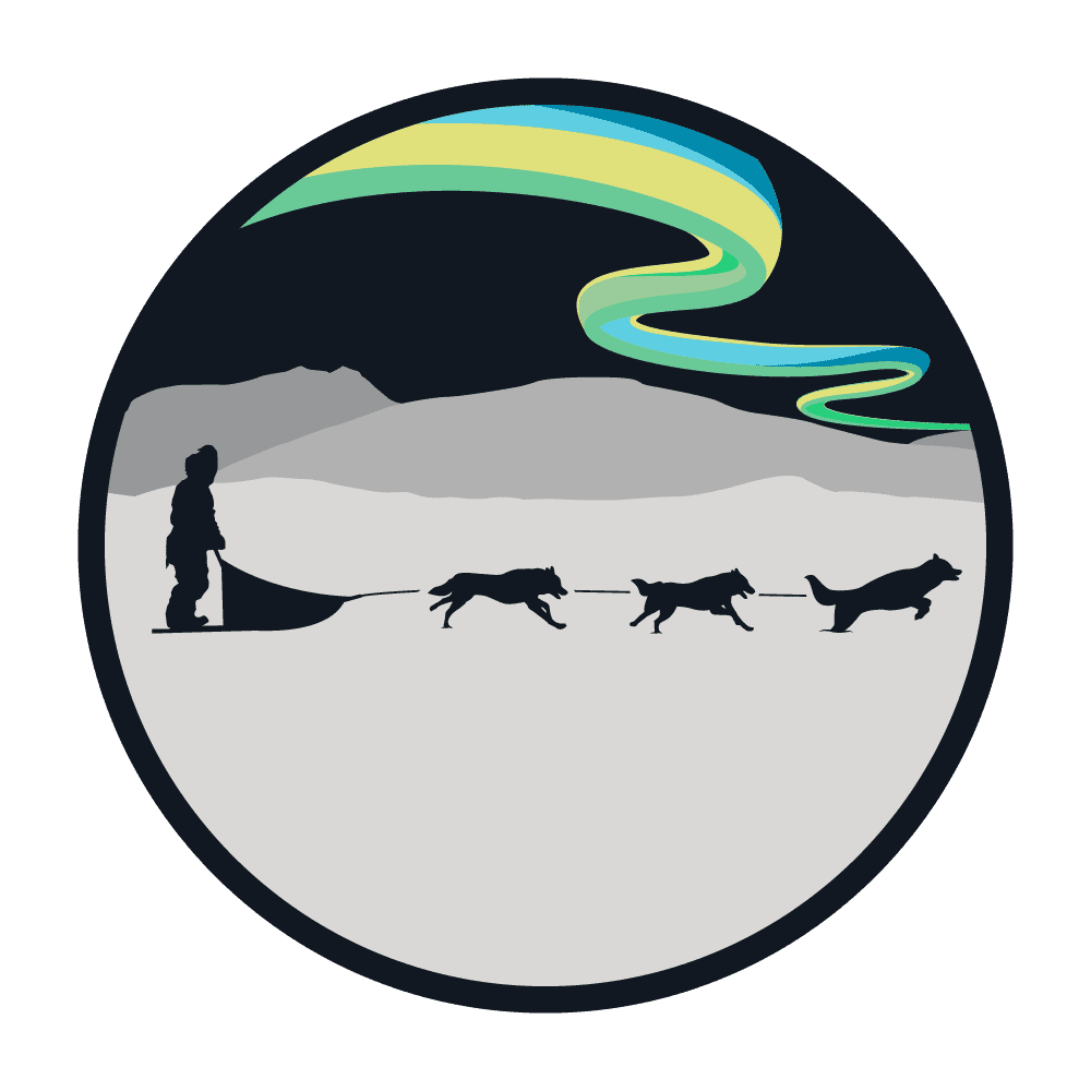 dog sledding and northern lights. illustration.