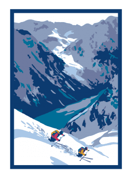 skiers down mountain side. illustration.